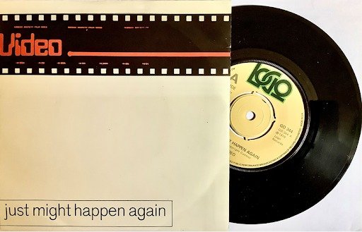 The original 7-inch single: a cream picture sleeve reading Video, Just Might Happen Again, beside the black vinyl disc with its Logo Records label.
